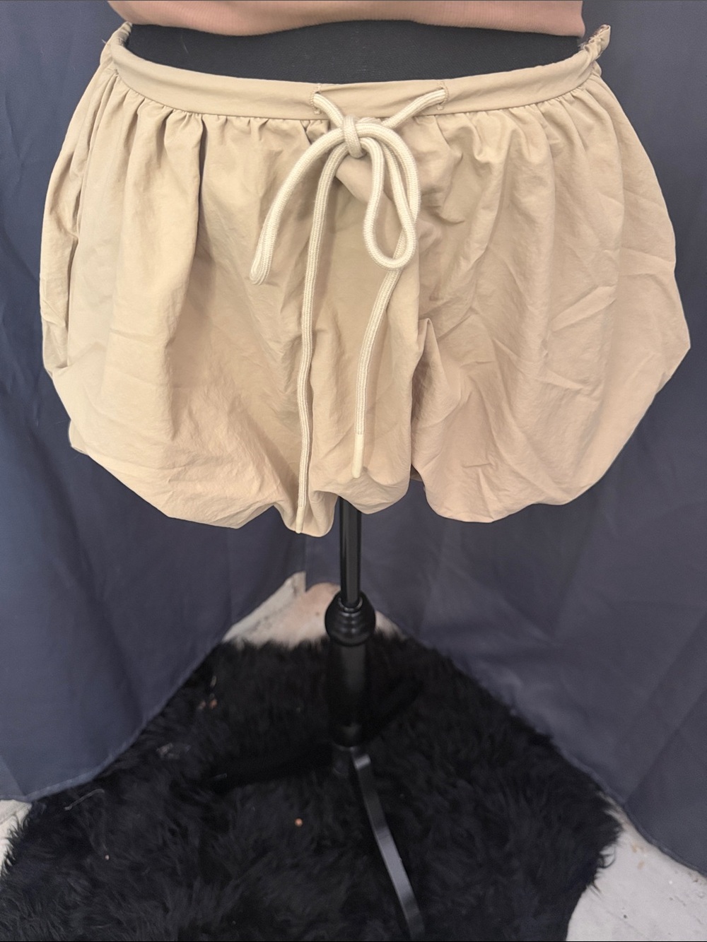 Beige Drawstring Bubble Skirt